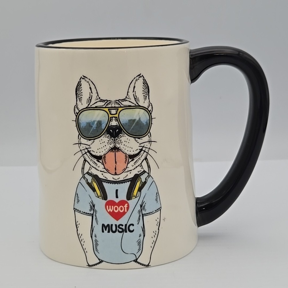 SIGNATURE HOUSEWARES Hipster Dog 17.5 oz Mug "I Woof Music" White Black‎ Handle